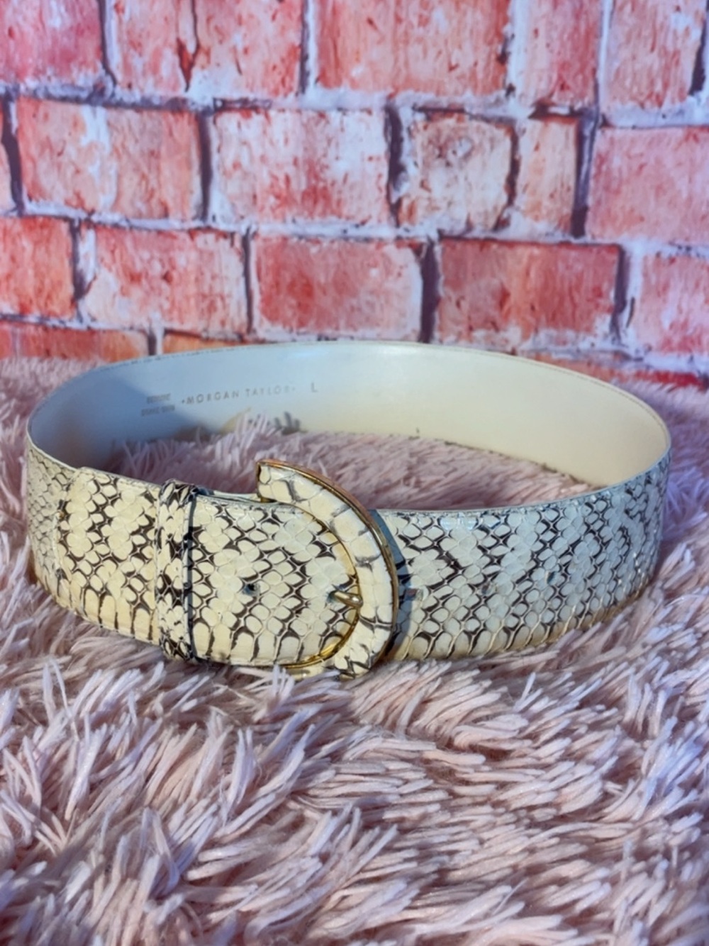 Morgan Taylor Cream Snake-Print Leather Belt with Curved Buckle